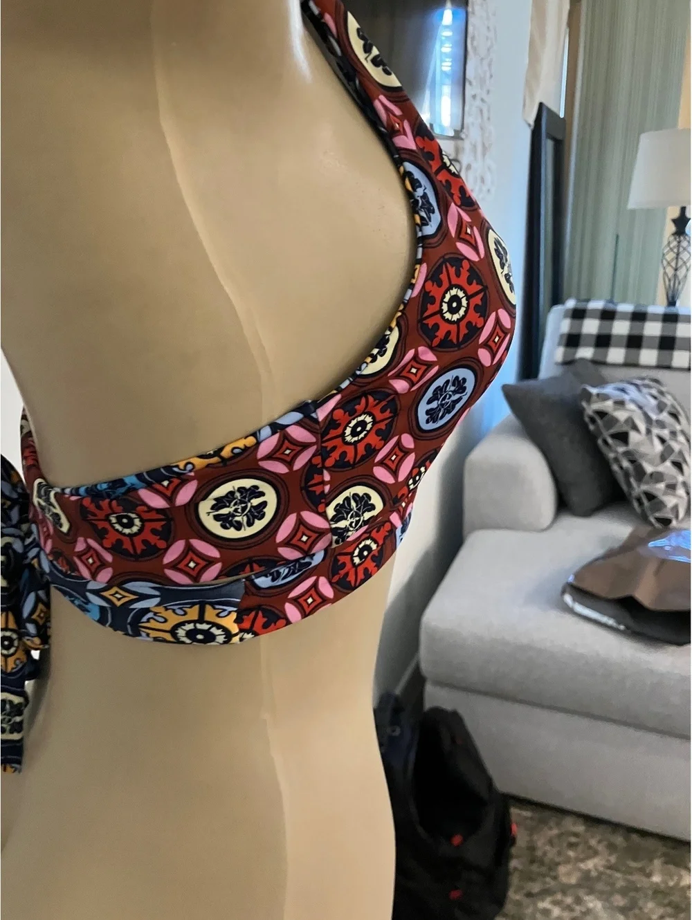 NWT Derek Lam 10 Crosby  Reversible Halter Bikini Top with Geometric Print